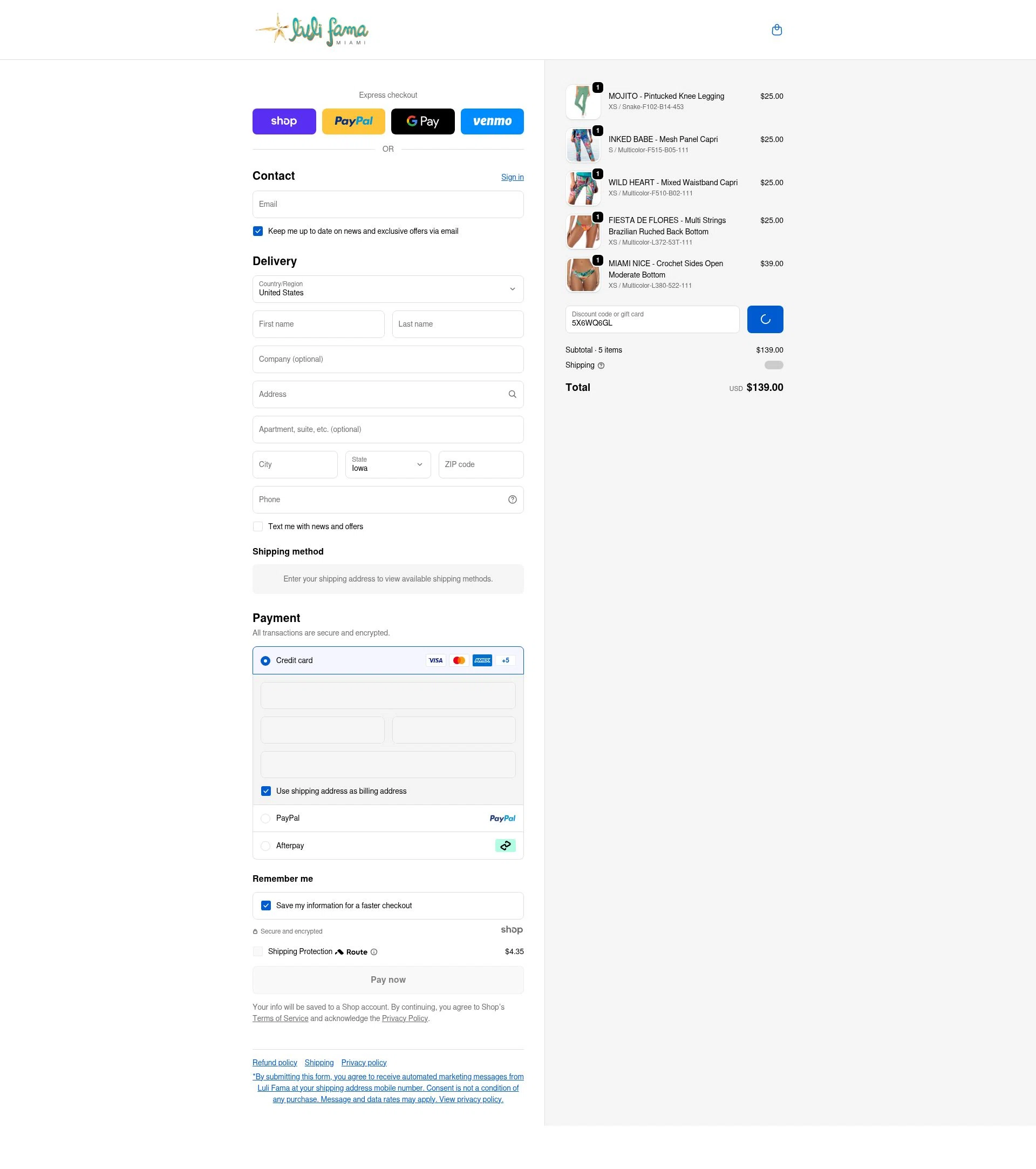 Luli Fama checkout page showing Luli Fama discount code box | Screenshot taken by SimplyCodes community member on Dec 20, 2025