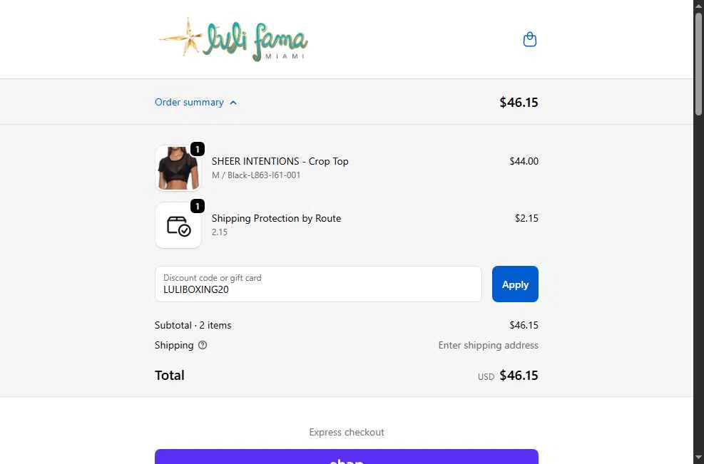 Luli Fama checkout page showing Luli Fama discount code box | Screenshot taken by SimplyCodes community member on Dec 30, 2025