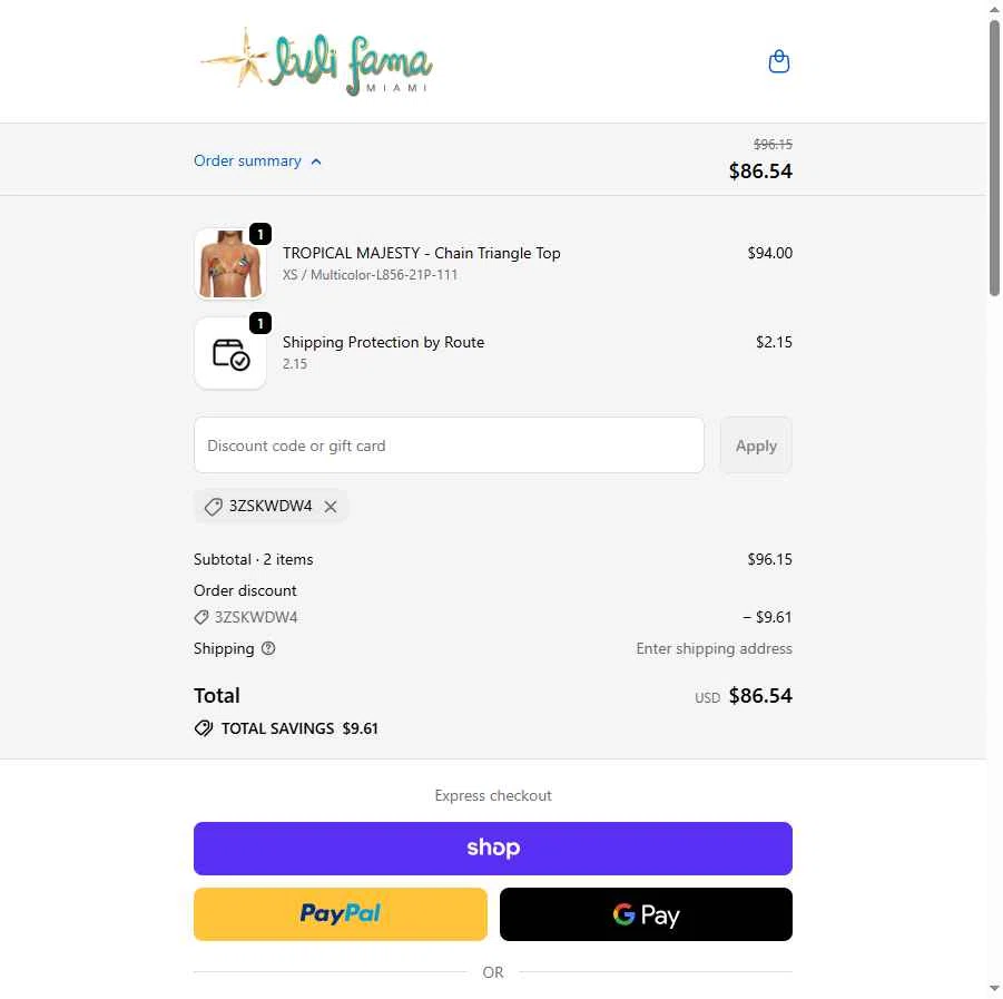 Luli Fama checkout page showing Luli Fama discount code box | Screenshot taken by SimplyCodes community member on Oct 25, 2025