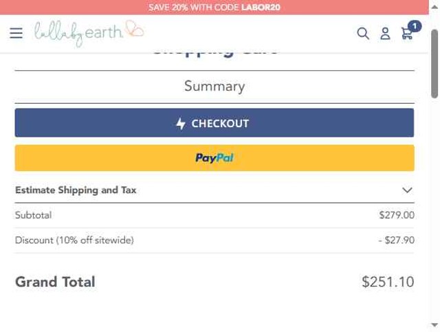 Lullaby Earth checkout page showing Lullaby Earth discount code box | Screenshot taken by SimplyCodes community member on Aug 16, 2025