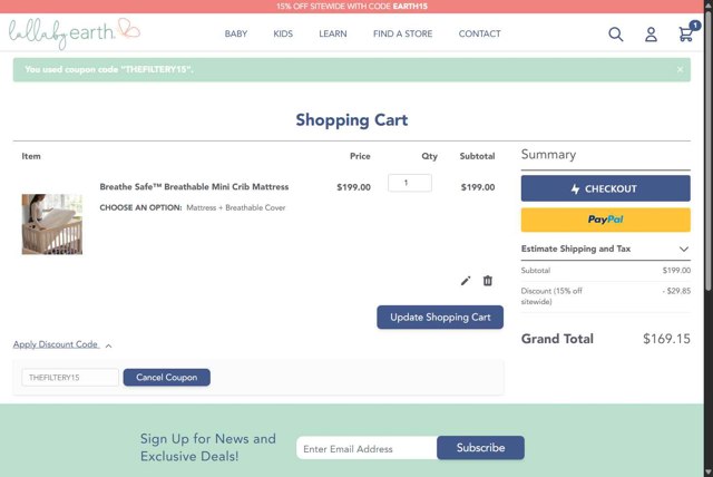 Lullaby Earth checkout page showing Lullaby Earth discount code box | Screenshot taken by SimplyCodes community member on May 5, 2025