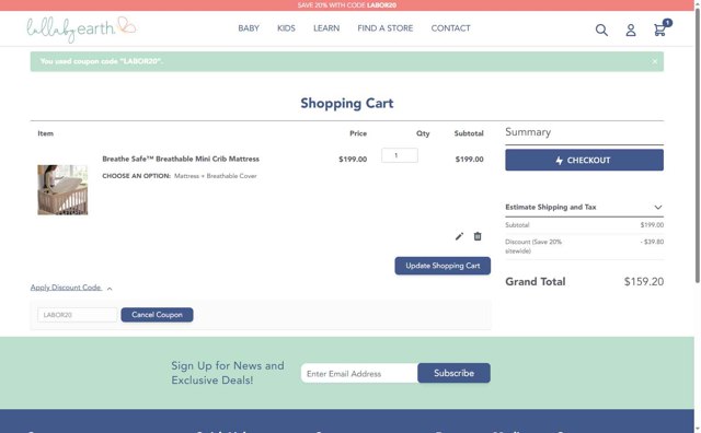 Lullaby Earth checkout page showing Lullaby Earth discount code box | Screenshot taken by SimplyCodes community member on Aug 19, 2025