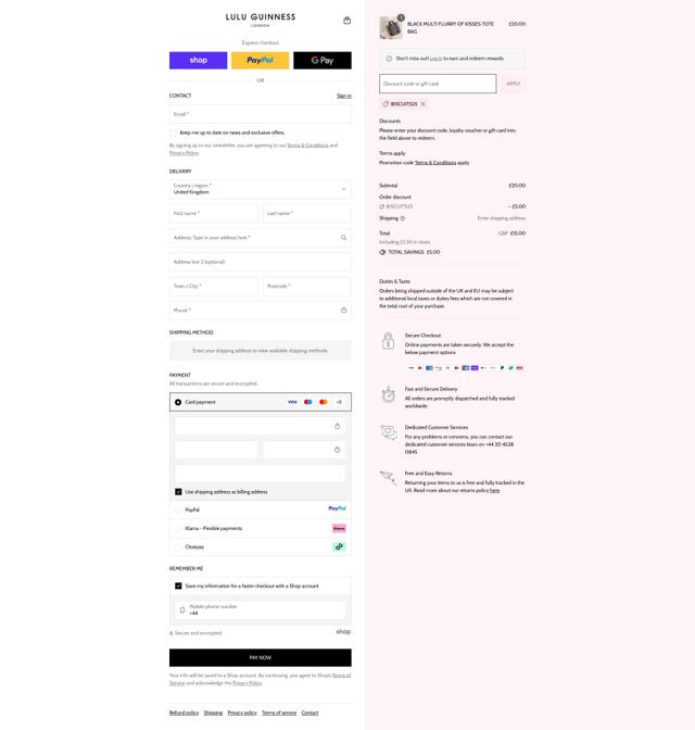 Lulu Guinness checkout page showing Lulu Guinness discount code box | Screenshot taken by SimplyCodes community member on Sep 11, 2025