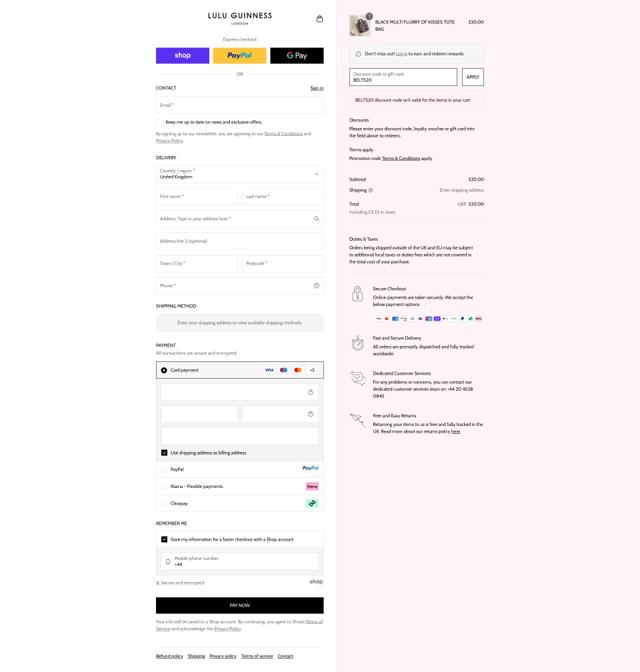 Lulu Guinness checkout page showing Lulu Guinness discount code box | Screenshot taken by SimplyCodes community member on Sep 11, 2025
