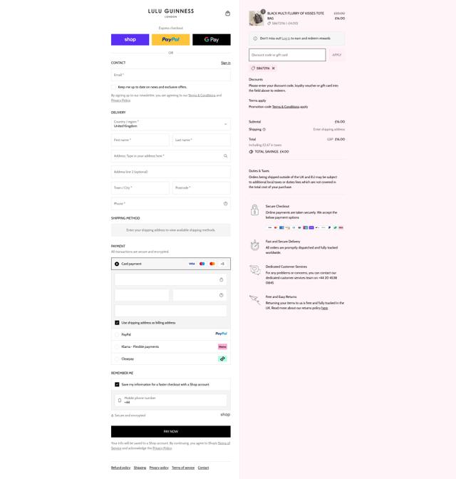 Lulu Guinness checkout page showing Lulu Guinness discount code box | Screenshot taken by SimplyCodes community member on Sep 11, 2025