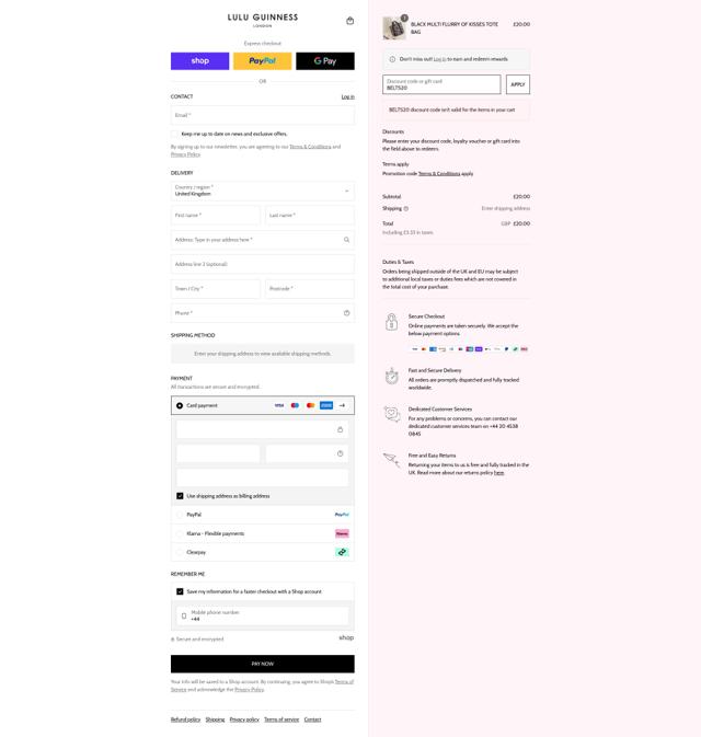 Lulu Guinness checkout page showing Lulu Guinness discount code box | Screenshot taken by SimplyCodes community member on Sep 7, 2025