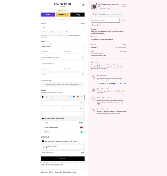 Lulu Guinness checkout page showing Lulu Guinness discount code box | Screenshot taken by SimplyCodes community member on Sep 11, 2025