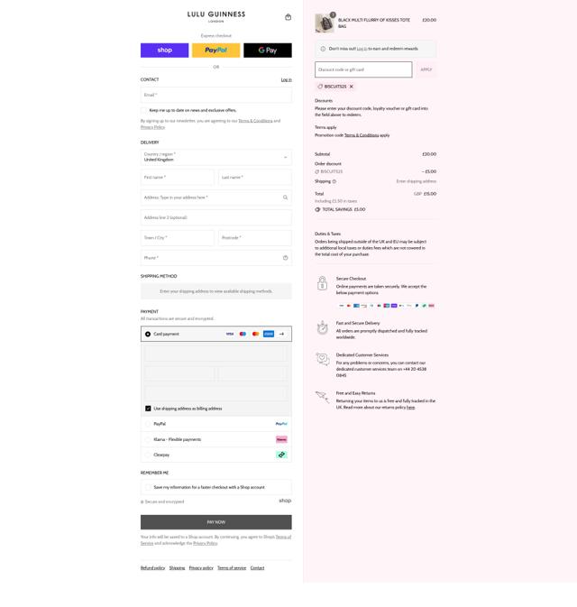 Lulu Guinness checkout page showing Lulu Guinness discount code box | Screenshot taken by SimplyCodes community member on Sep 7, 2025