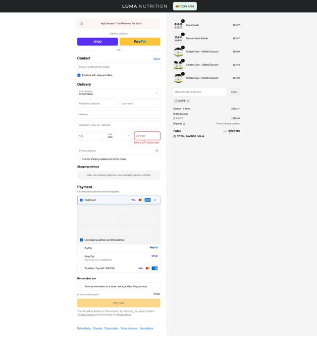 Luma Nutrition checkout page showing Luma Nutrition discount code box | Screenshot taken by SimplyCodes community member on Sep 23, 2025