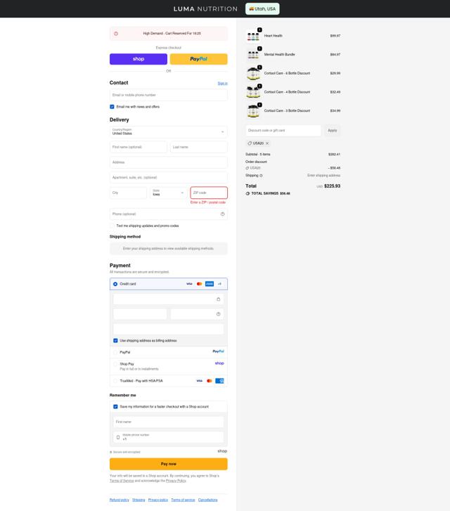 Luma Nutrition checkout page showing Luma Nutrition discount code box | Screenshot taken by SimplyCodes community member on Sep 23, 2025