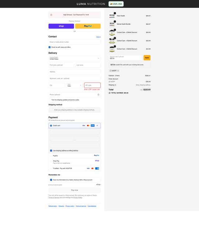 Luma Nutrition checkout page showing Luma Nutrition discount code box | Screenshot taken by SimplyCodes community member on Sep 23, 2025