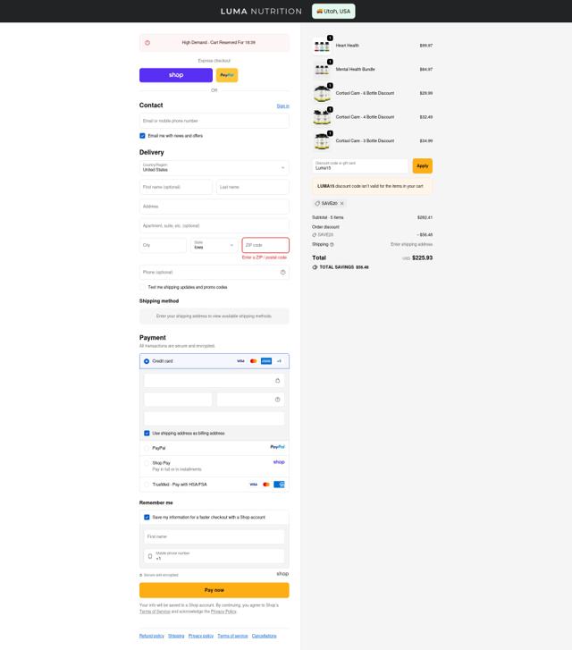 Luma Nutrition checkout page showing Luma Nutrition discount code box | Screenshot taken by SimplyCodes community member on Sep 23, 2025