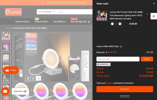 Lumary checkout page showing Lumary discount code box | Screenshot taken by SimplyCodes community member on Sep 9, 2025
