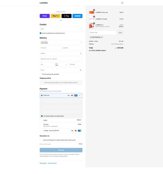 Lumebox checkout page showing Lumebox discount code box | Screenshot taken by SimplyCodes community member on Sep 12, 2025