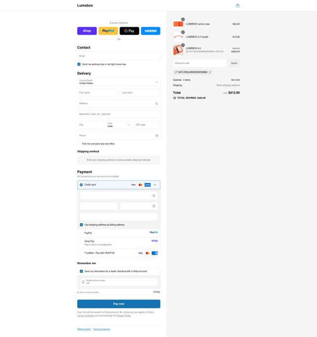 Lumebox checkout page showing Lumebox discount code box | Screenshot taken by SimplyCodes community member on Sep 11, 2025