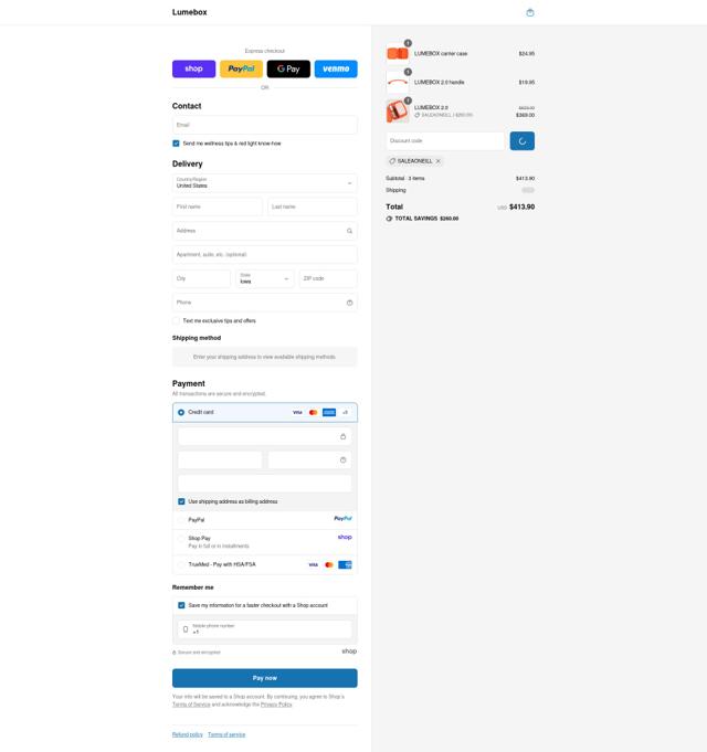 Lumebox checkout page showing Lumebox discount code box | Screenshot taken by SimplyCodes community member on Sep 12, 2025