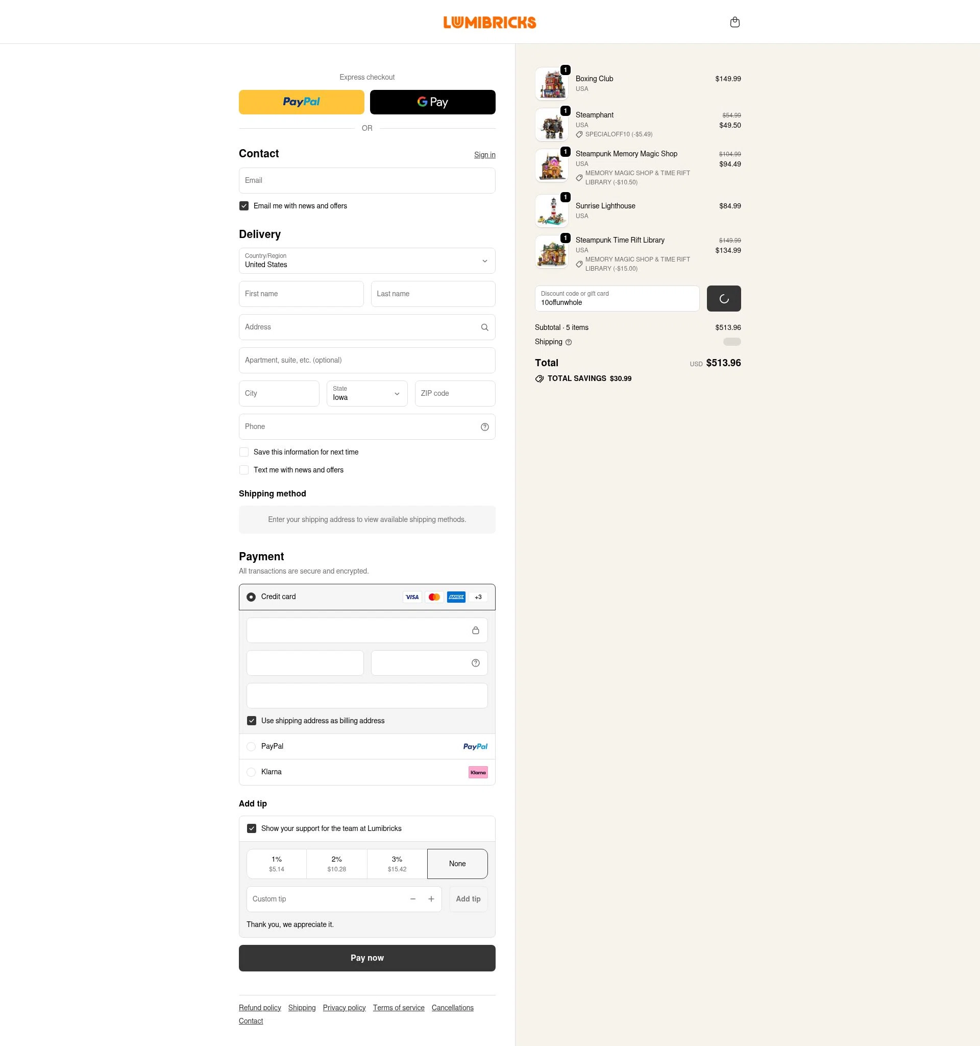 Lumibricks checkout page showing Lumibricks promo code box | Screenshot taken by SimplyCodes community member on Jan 6, 2026