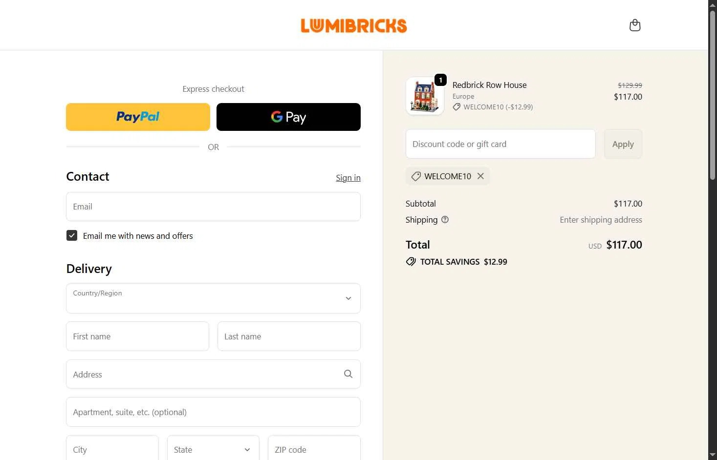 Lumibricks checkout page showing Lumibricks promo code box | Screenshot taken by SimplyCodes community member on Jan 6, 2026