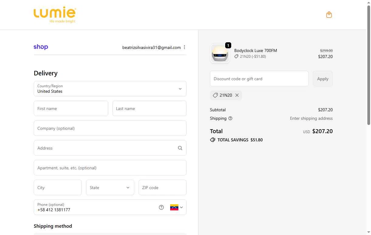 Lumie checkout page showing Lumie discount code box | Screenshot taken by SimplyCodes community member on Dec 7, 2025