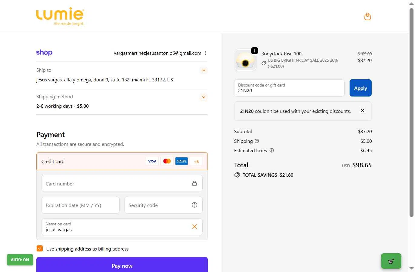 Lumie checkout page showing Lumie discount code box | Screenshot taken by SimplyCodes community member on Nov 28, 2025