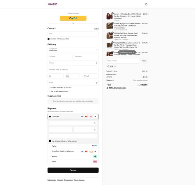 Lumiere Hair checkout page showing Lumiere Hair coupon code box | Screenshot taken by SimplyCodes community member on Sep 12, 2025