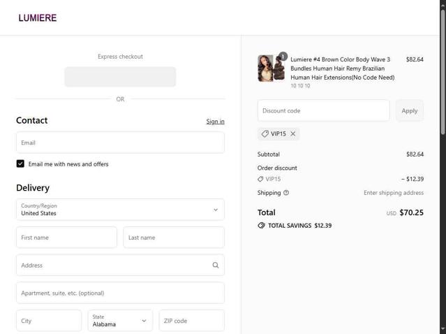 Lumiere Hair checkout page showing Lumiere Hair coupon code box | Screenshot taken by SimplyCodes community member on Sep 12, 2025