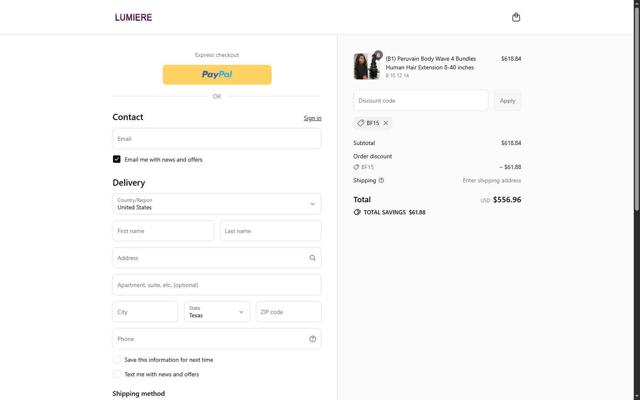Lumiere Hair checkout page showing Lumiere Hair coupon code box | Screenshot taken by SimplyCodes community member on Sep 12, 2025
