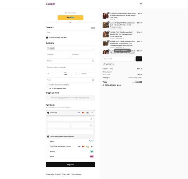 Lumiere Hair checkout page showing Lumiere Hair coupon code box | Screenshot taken by SimplyCodes community member on Sep 12, 2025