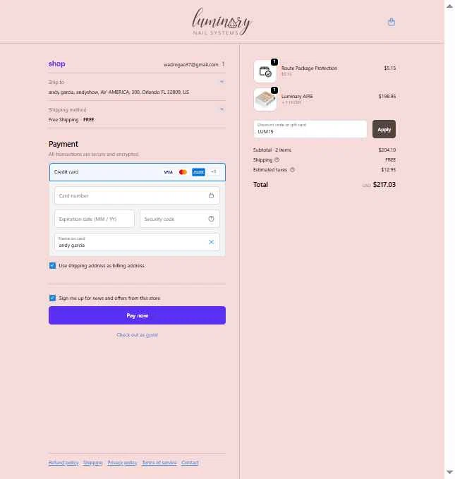 Luminary Nail Systems checkout page showing Luminary Nail Systems discount code box | Screenshot taken by SimplyCodes community member on Feb 7, 2026