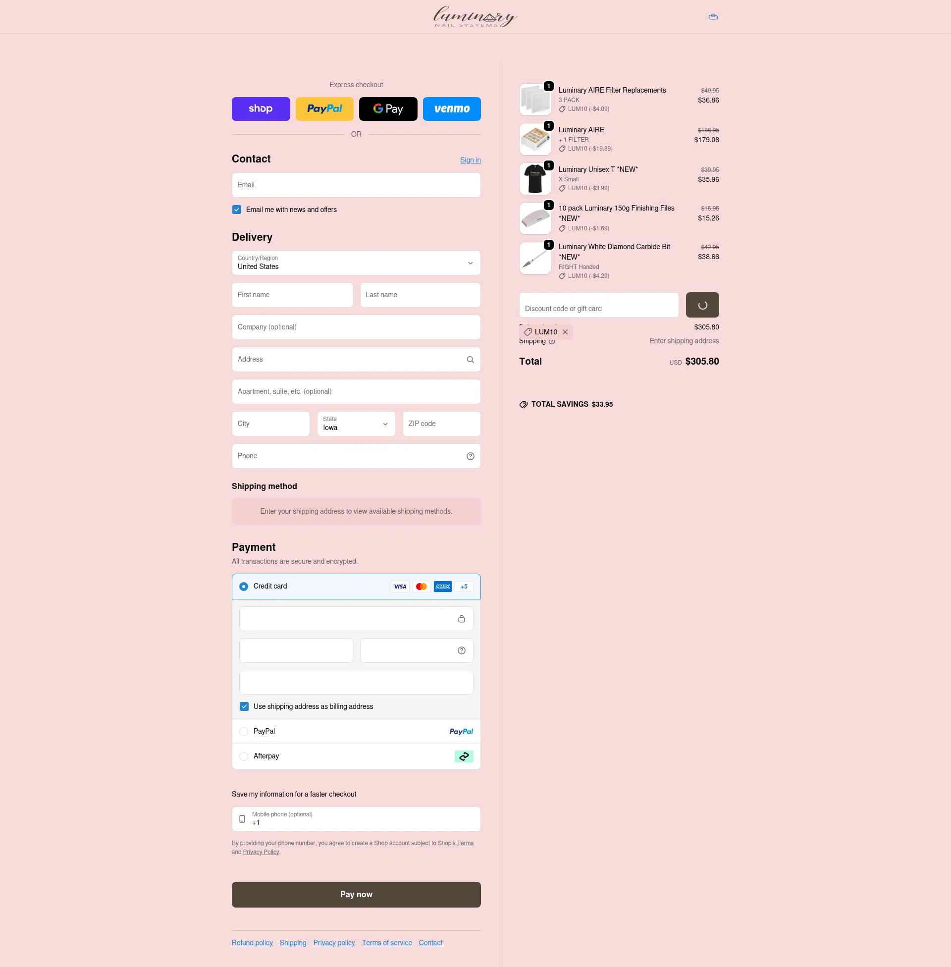 Luminary Nail Systems checkout page showing Luminary Nail Systems discount code box | Screenshot taken by SimplyCodes community member on Feb 6, 2026