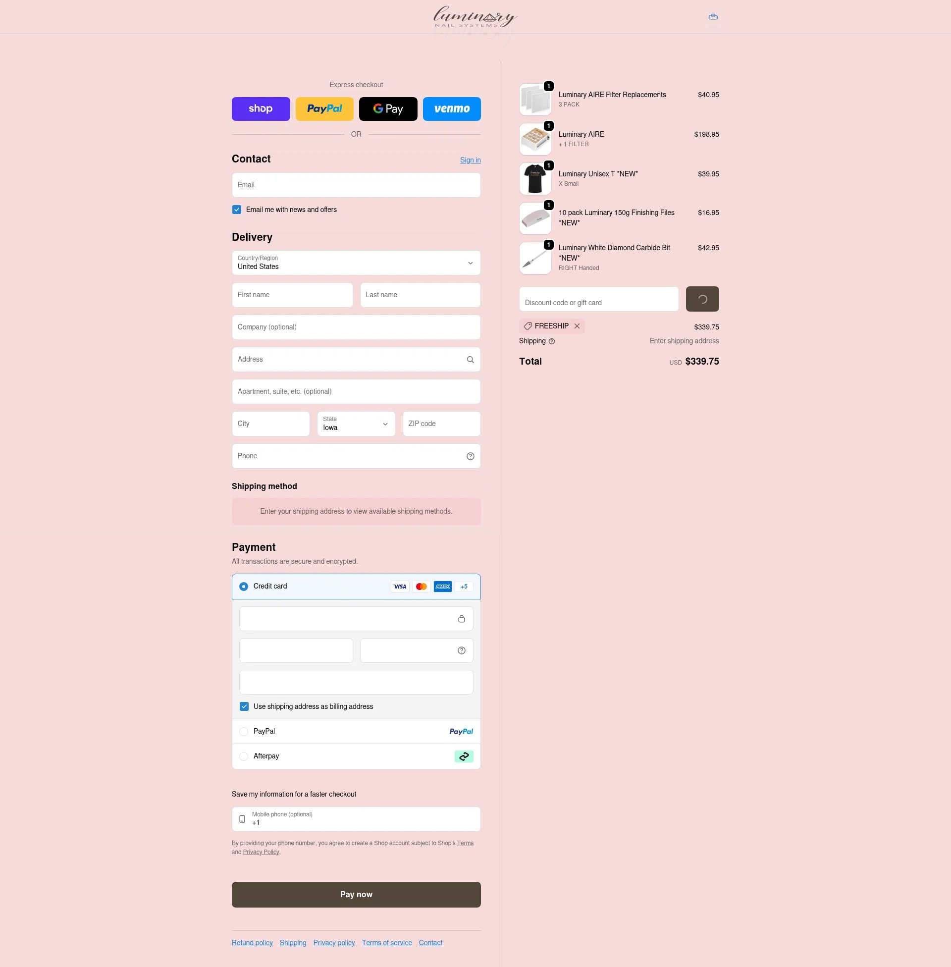 Luminary Nail Systems checkout page showing Luminary Nail Systems discount code box | Screenshot taken by SimplyCodes community member on Feb 10, 2026