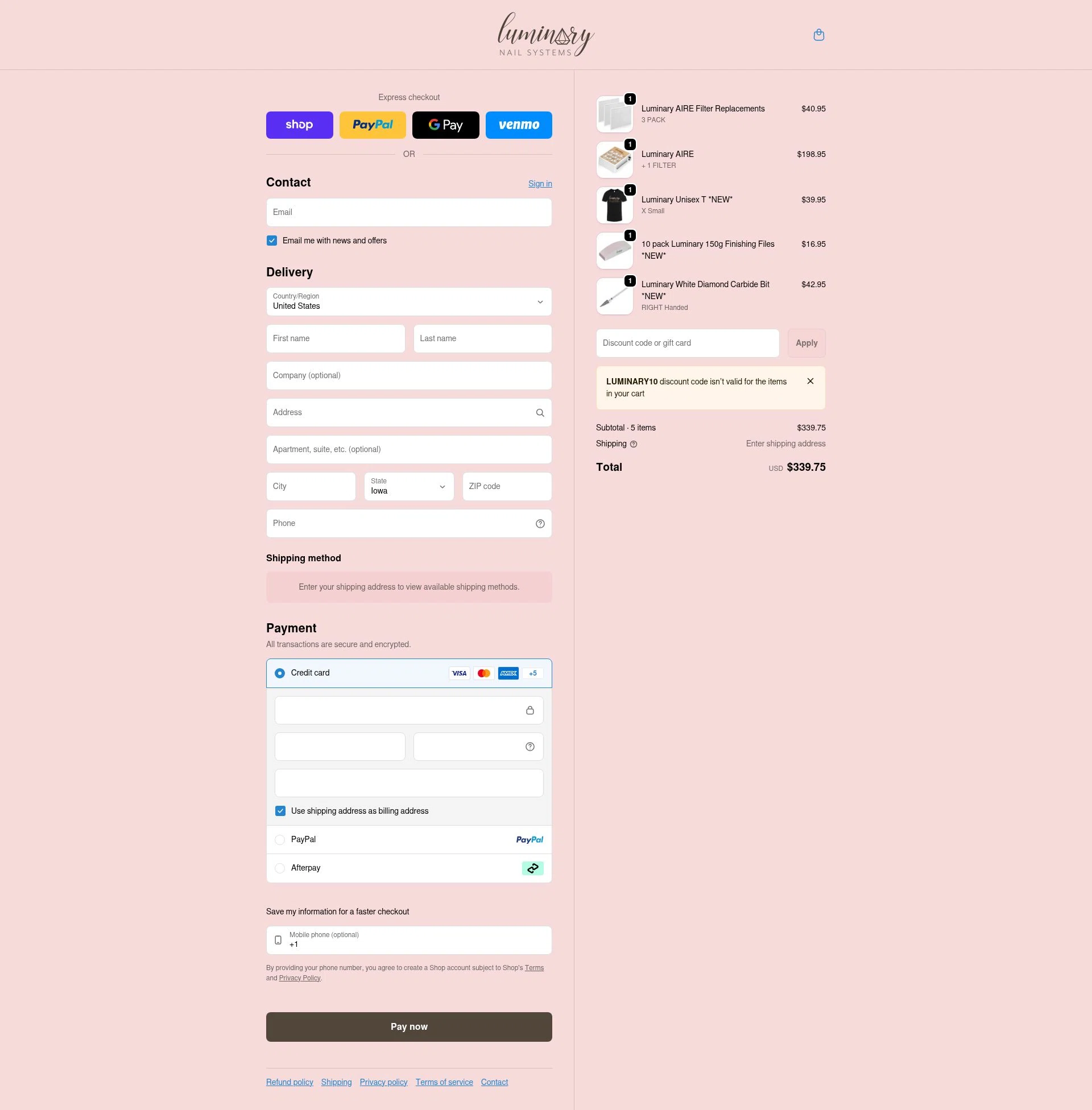 Luminary Nail Systems checkout page showing Luminary Nail Systems discount code box | Screenshot taken by SimplyCodes community member on Feb 10, 2026