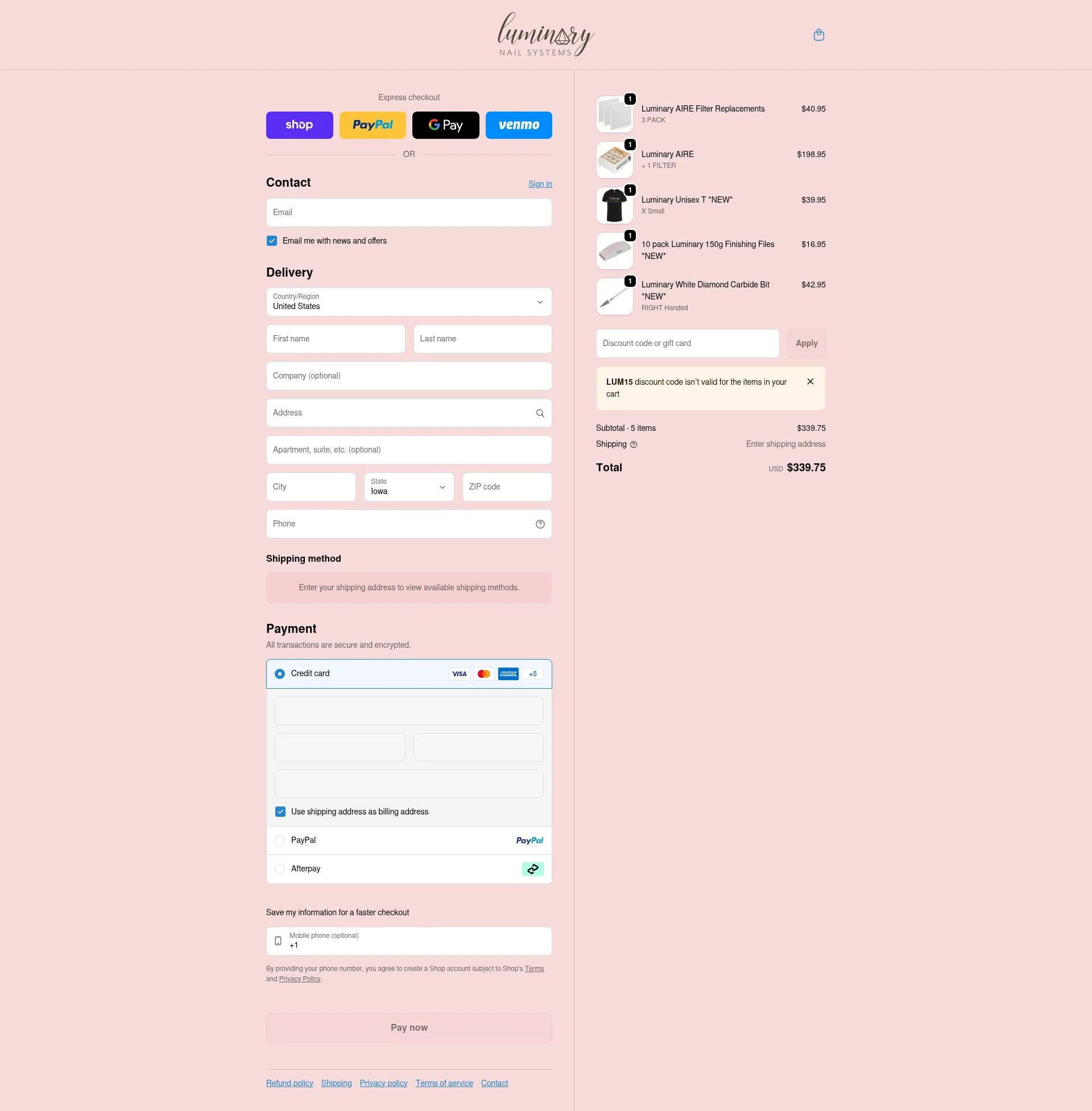Luminary Nail Systems checkout page showing Luminary Nail Systems discount code box | Screenshot taken by SimplyCodes community member on Feb 6, 2026