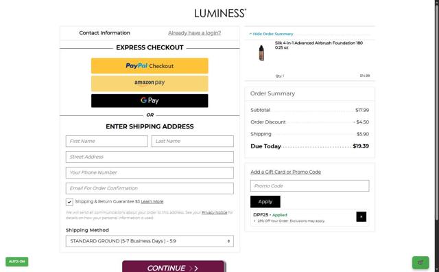 Luminess Cosmetics checkout page showing Luminess Cosmetics promo code box | Screenshot taken by SimplyCodes community member on Sep 11, 2025