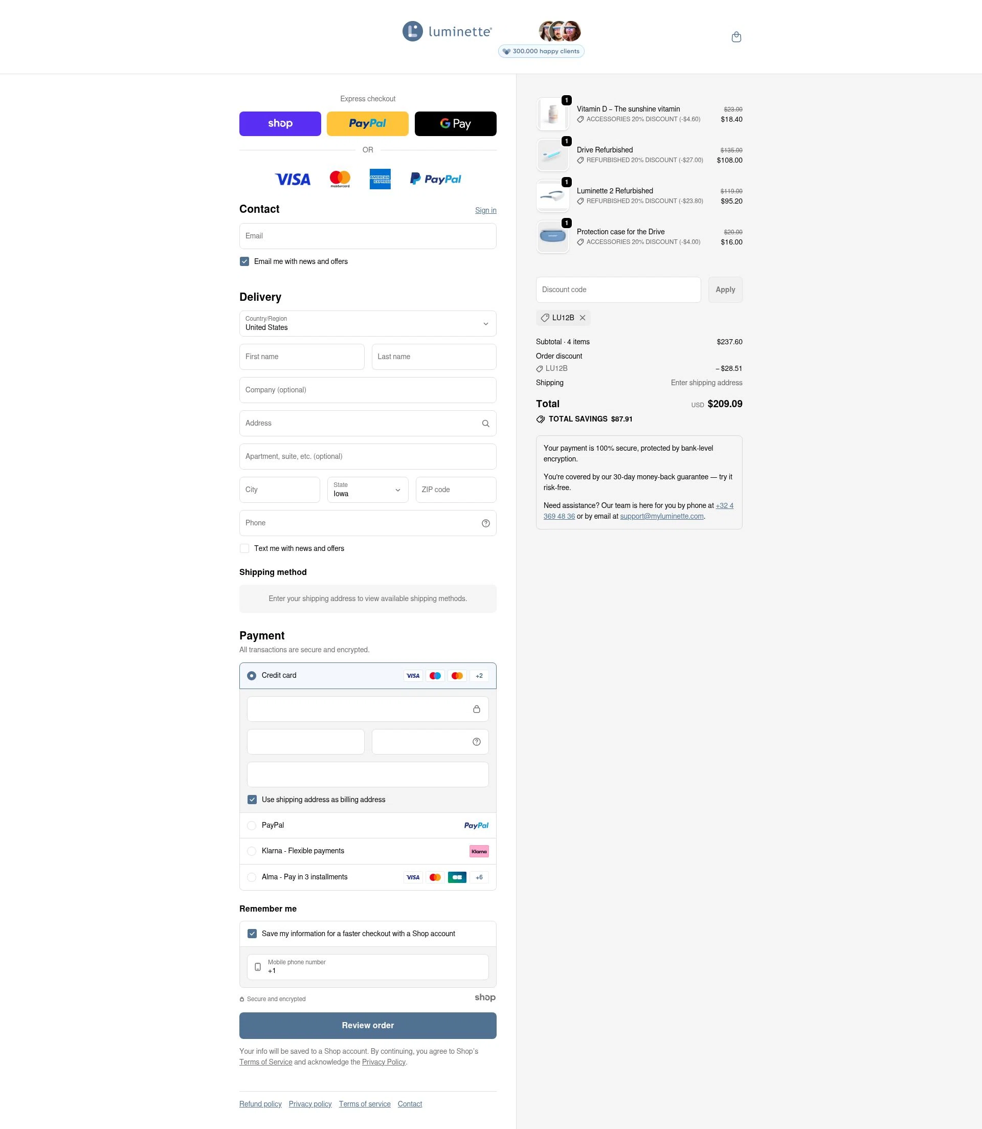 Luminette checkout page showing Luminette discount code box | Screenshot taken by SimplyCodes community member on Dec 5, 2025