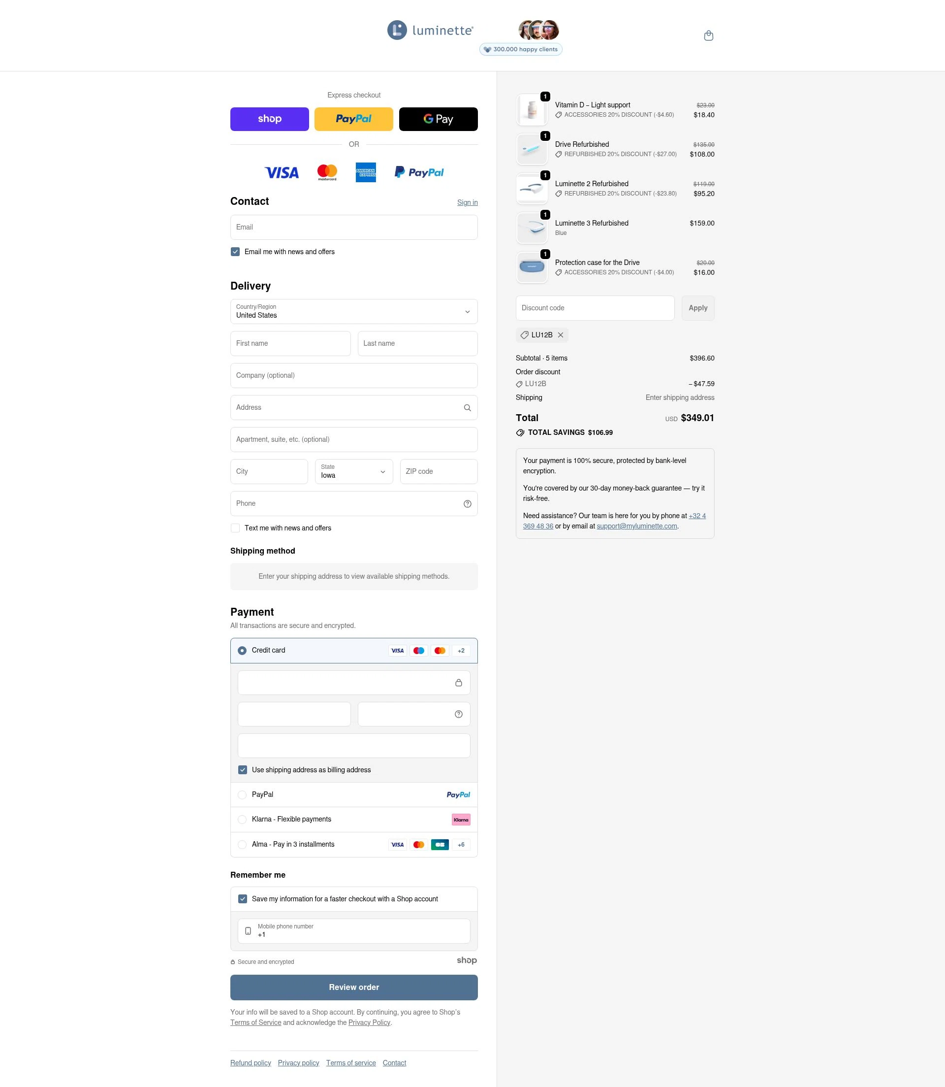 Luminette checkout page showing Luminette discount code box | Screenshot taken by SimplyCodes community member on Nov 21, 2025