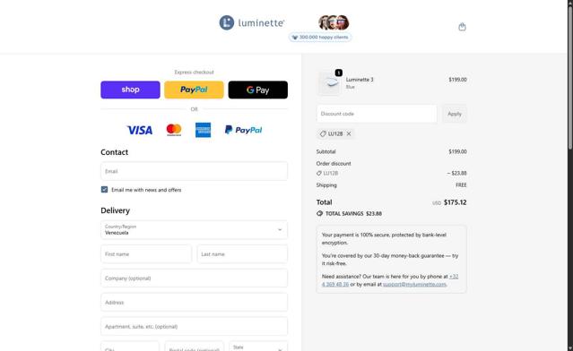 Luminette checkout page showing Luminette discount code box | Screenshot taken by SimplyCodes community member on Sep 24, 2025