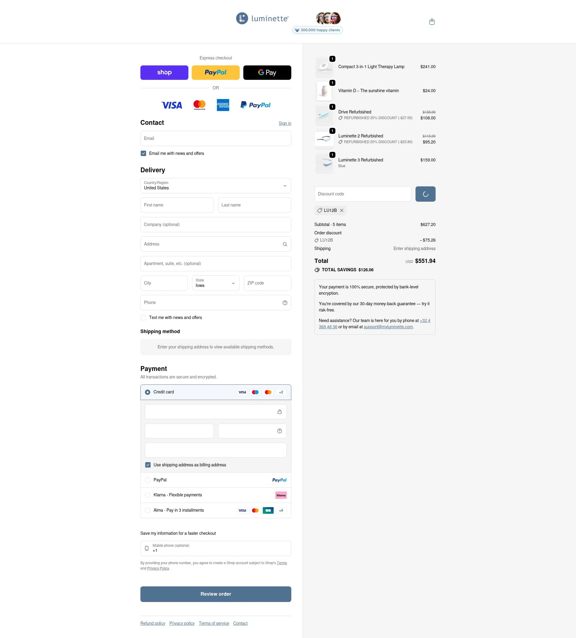 Luminette checkout page showing Luminette discount code box | Screenshot taken by SimplyCodes community member on Feb 14, 2026