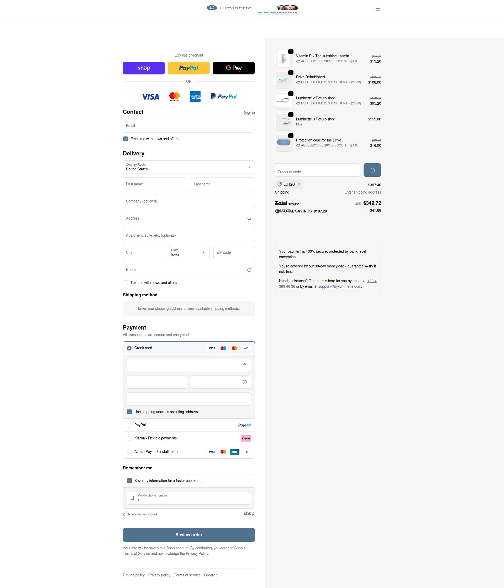 Luminette checkout page showing Luminette discount code box | Screenshot taken by SimplyCodes community member on Jan 28, 2026