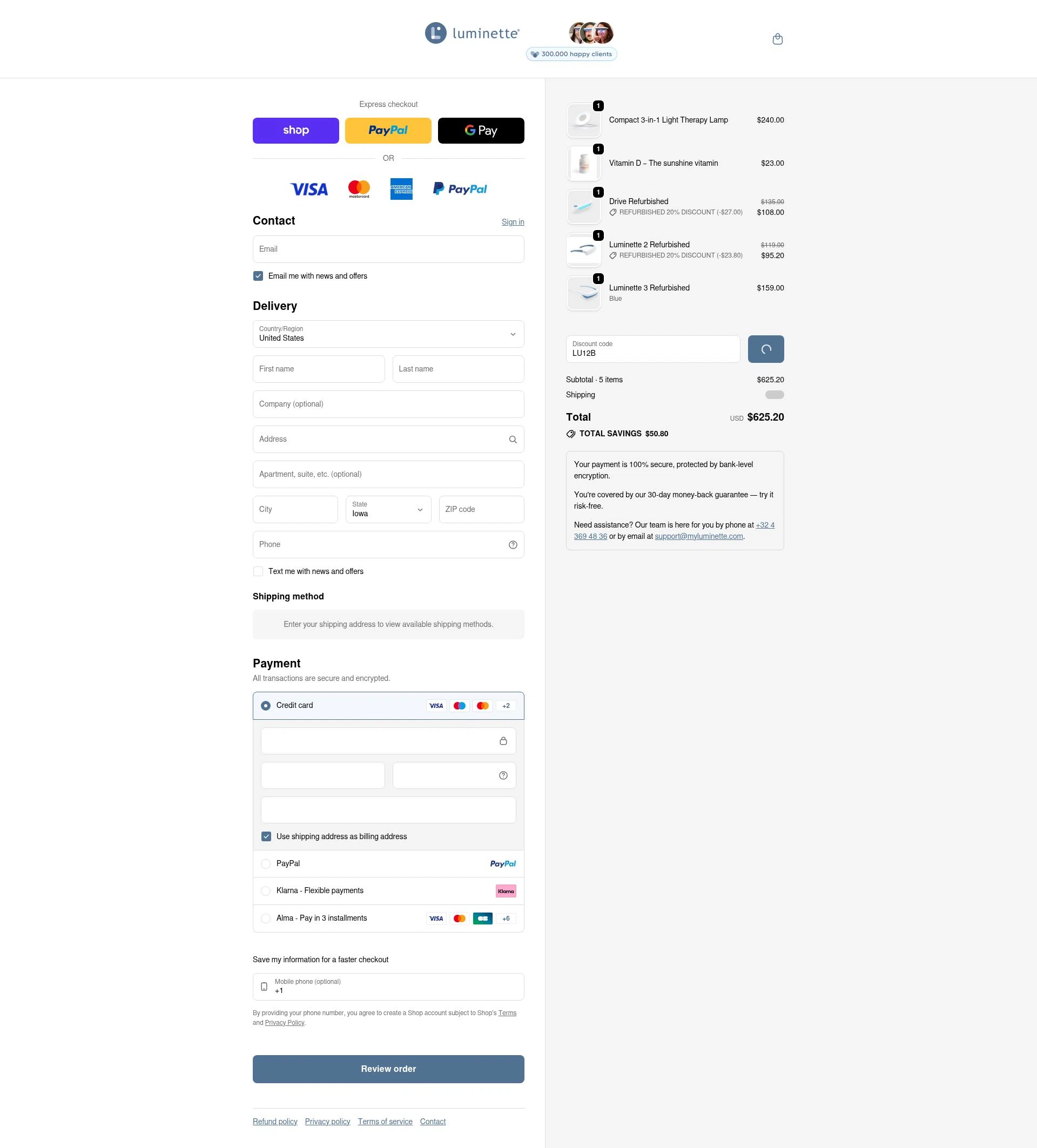 Luminette checkout page showing Luminette discount code box | Screenshot taken by SimplyCodes community member on Feb 19, 2026
