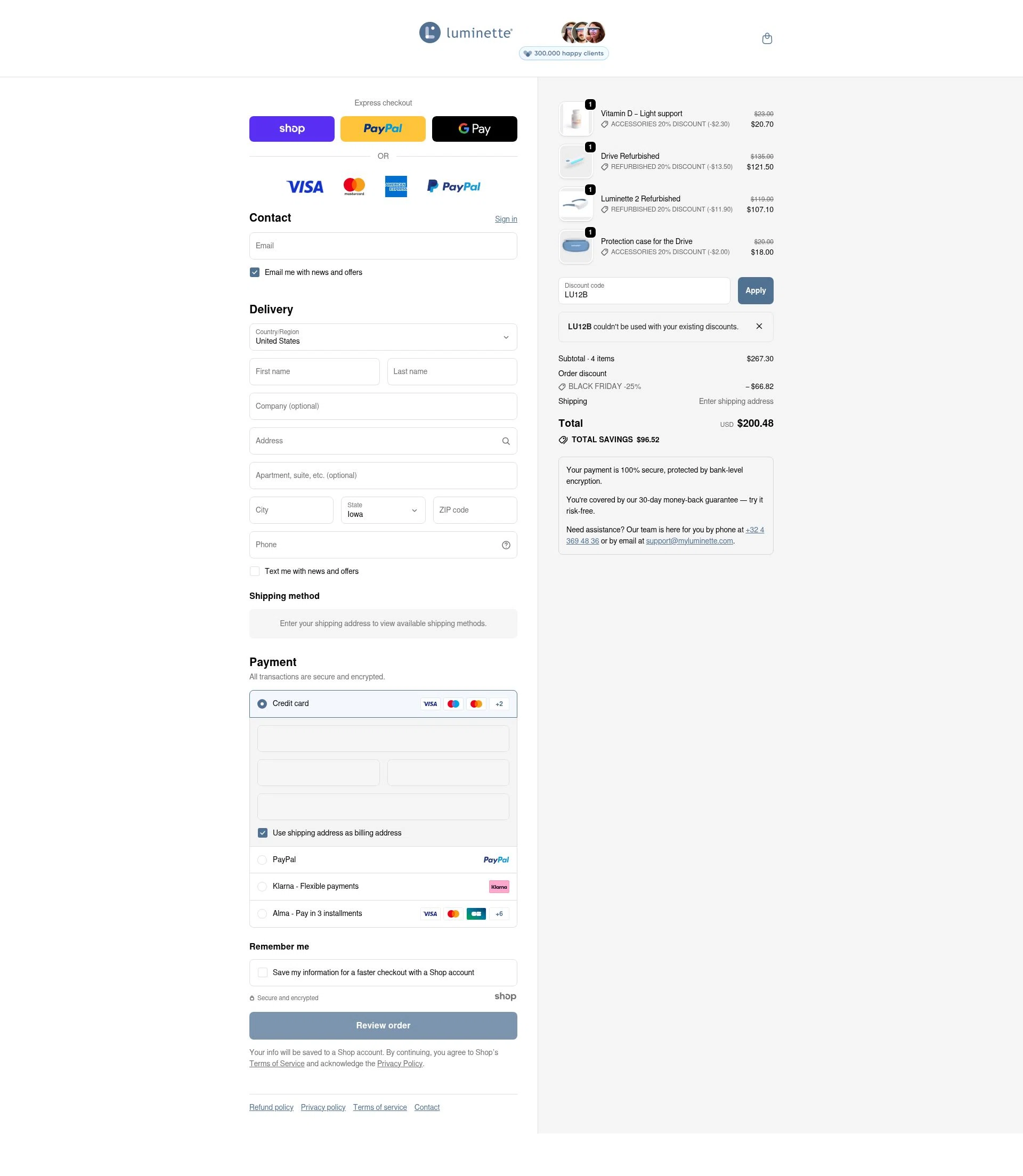 Luminette checkout page showing Luminette discount code box | Screenshot taken by SimplyCodes community member on Dec 1, 2025