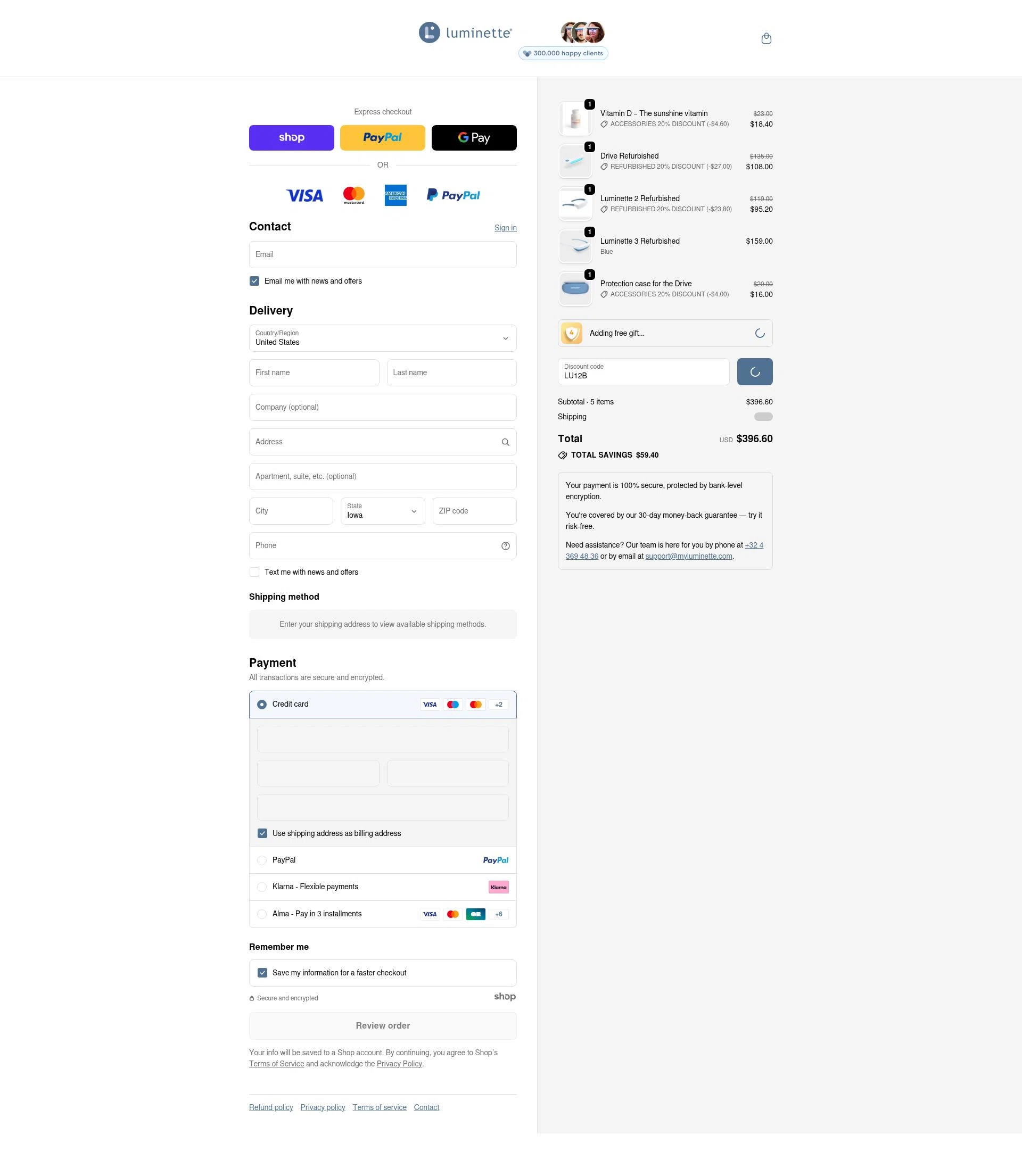 Luminette checkout page showing Luminette discount code box | Screenshot taken by SimplyCodes community member on Dec 29, 2025