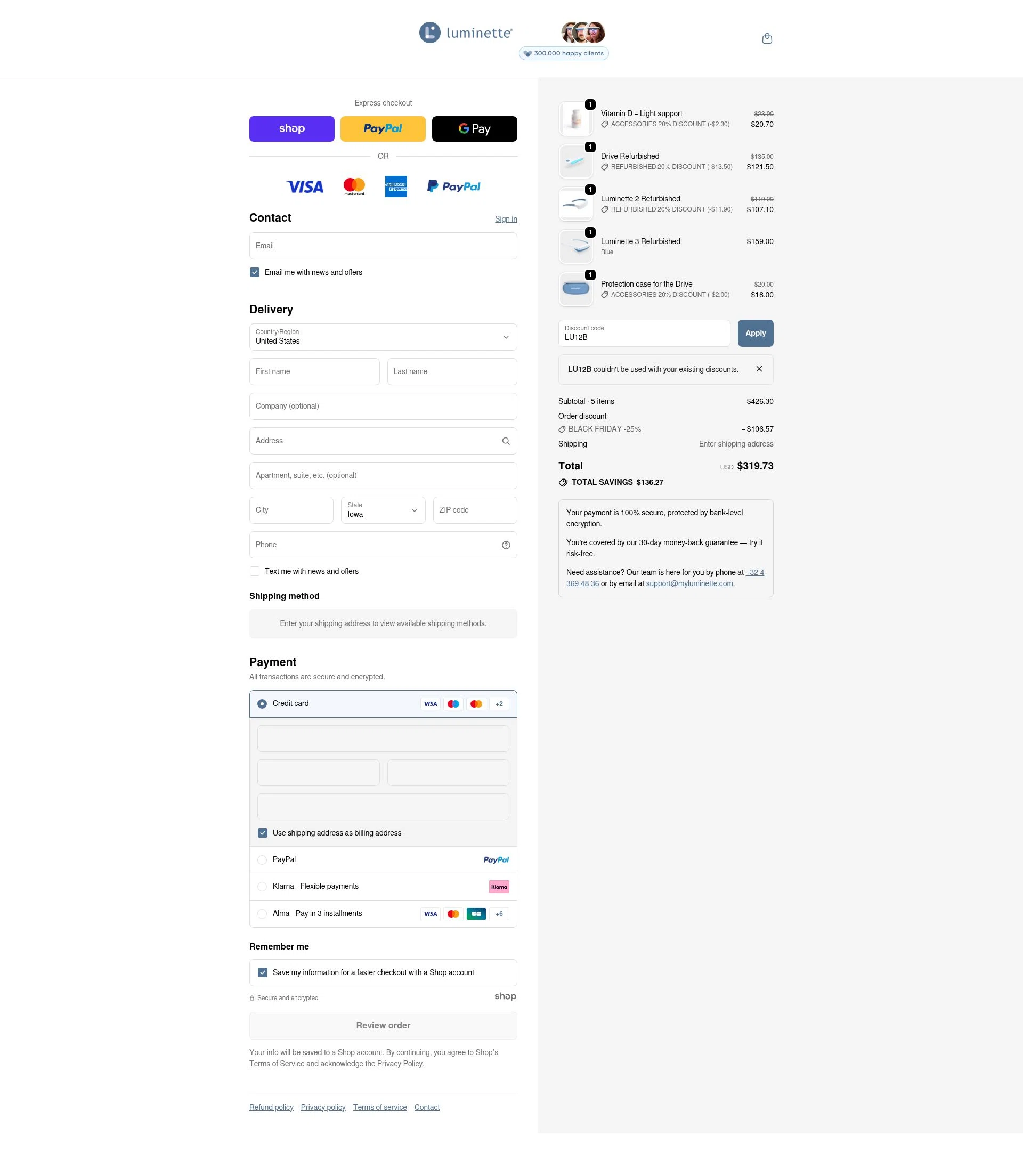 Luminette checkout page showing Luminette discount code box | Screenshot taken by SimplyCodes community member on Nov 26, 2025