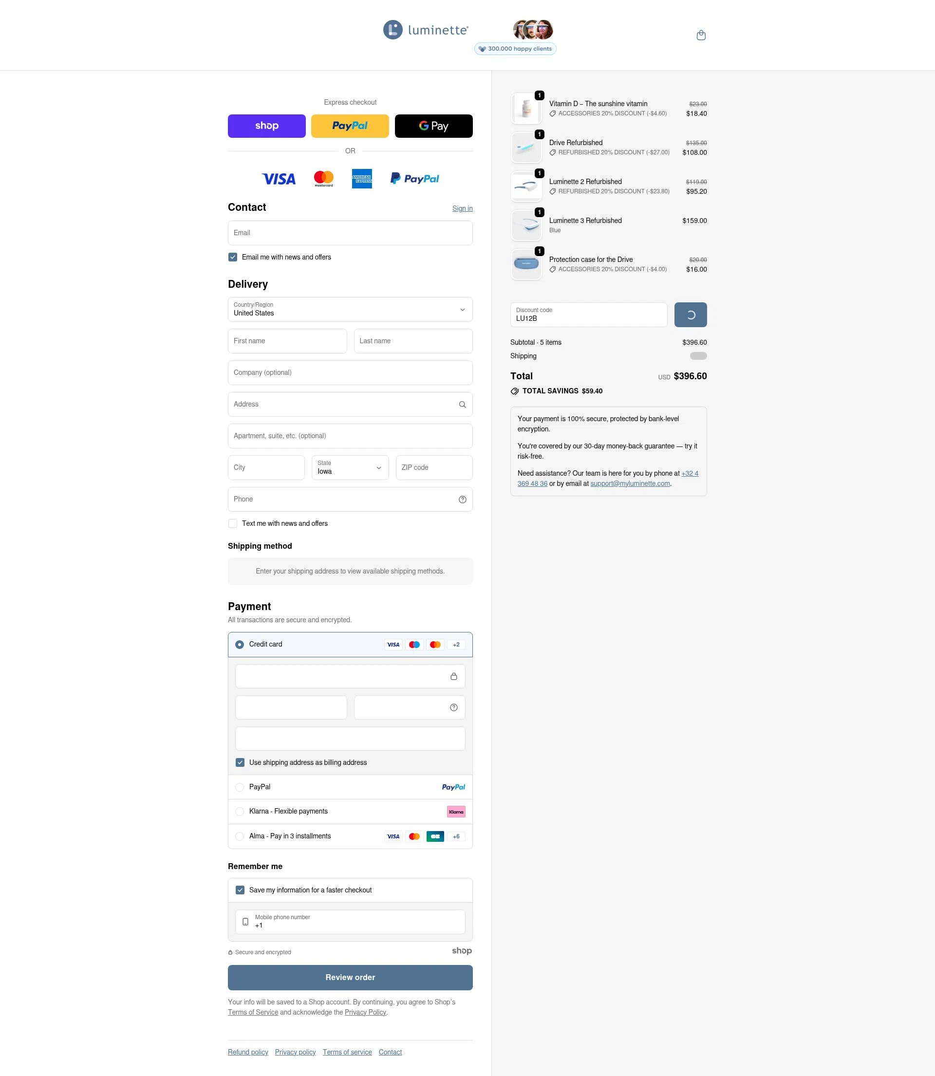 Luminette checkout page showing Luminette discount code box | Screenshot taken by SimplyCodes community member on Jan 13, 2026