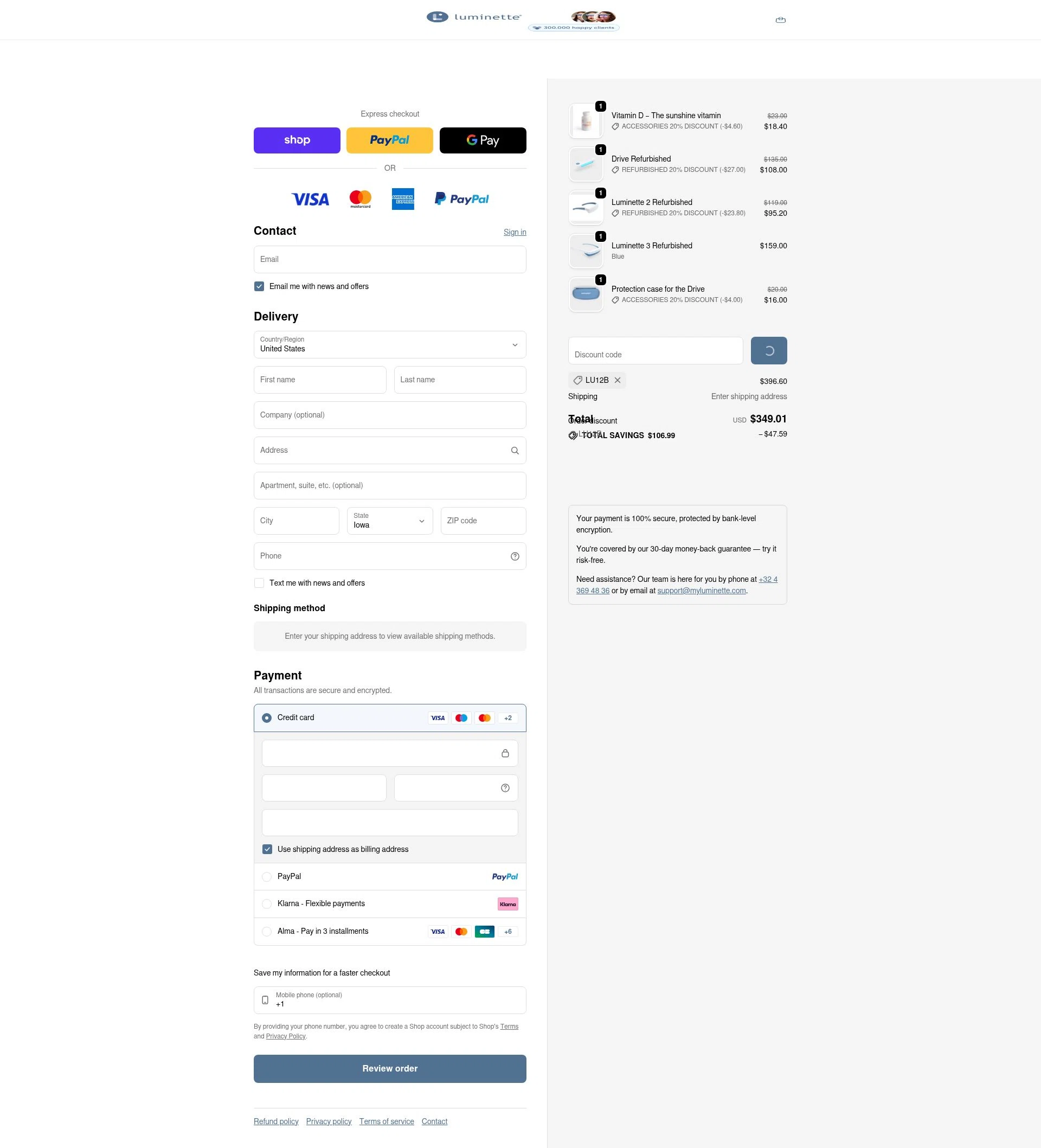 Luminette checkout page showing Luminette discount code box | Screenshot taken by SimplyCodes community member on Jan 19, 2026