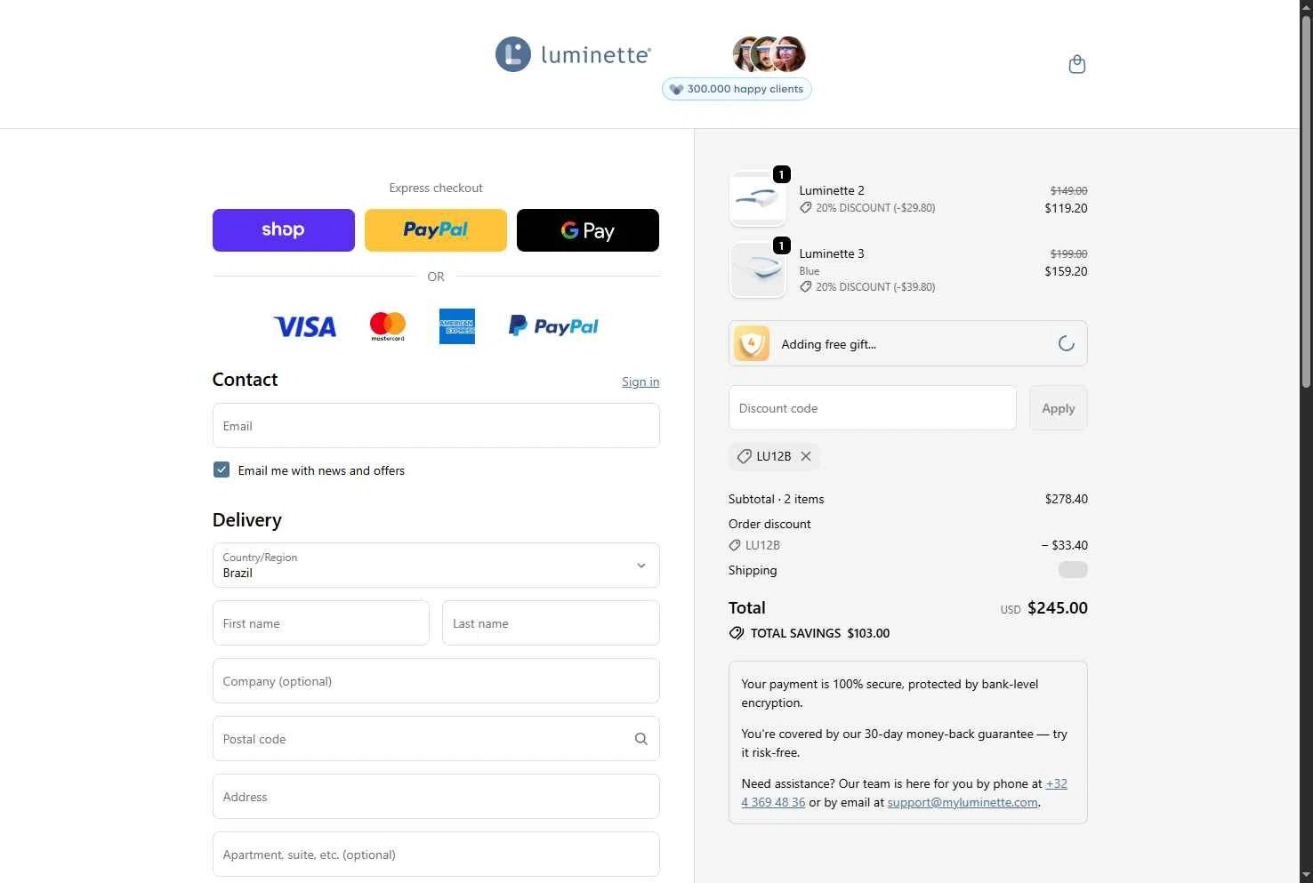 Luminette checkout page showing Luminette discount code box | Screenshot taken by SimplyCodes community member on Dec 18, 2025