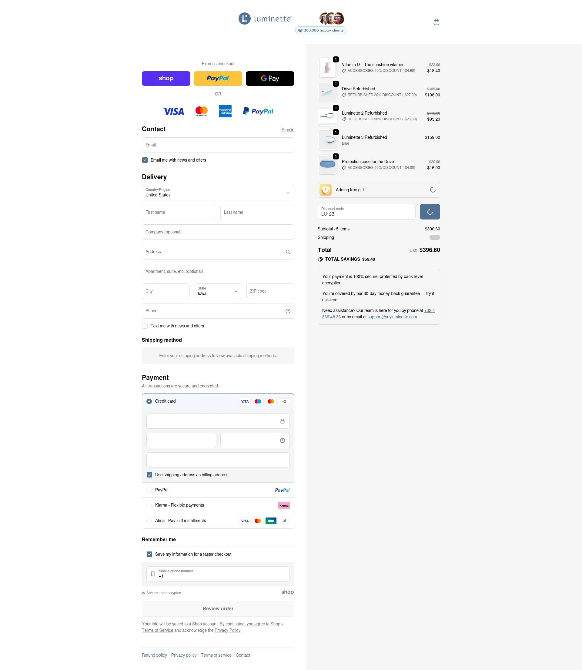 Luminette checkout page showing Luminette discount code box | Screenshot taken by SimplyCodes community member on Dec 24, 2025