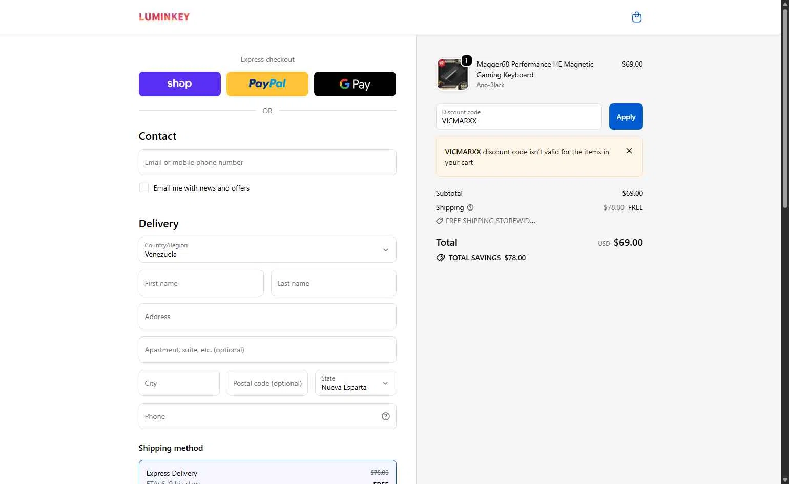 LUMINKEY checkout page showing LUMINKEY discount code box | Screenshot taken by SimplyCodes community member on Nov 30, 2025