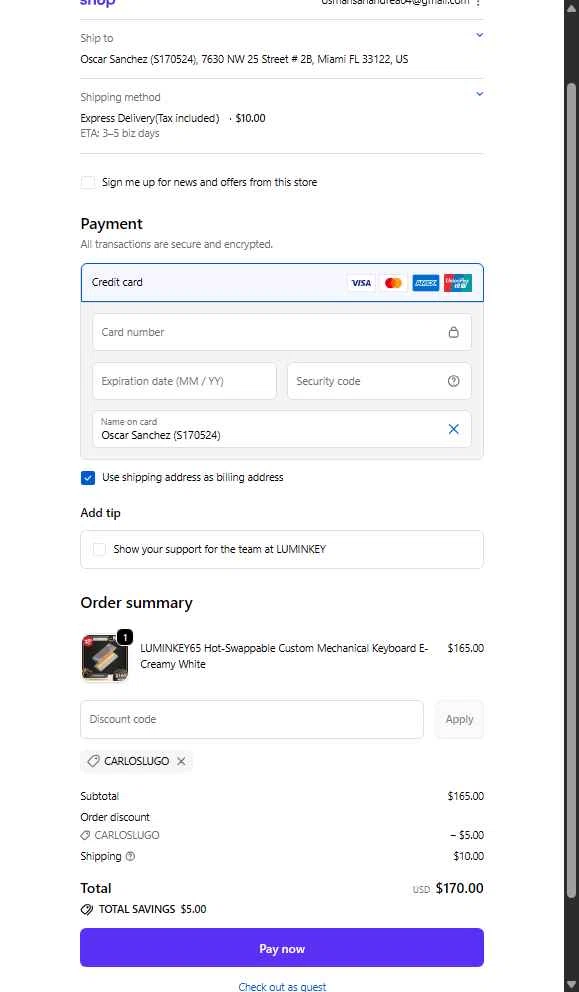 LUMINKEY checkout page showing LUMINKEY discount code box | Screenshot taken by SimplyCodes community member on Nov 24, 2025