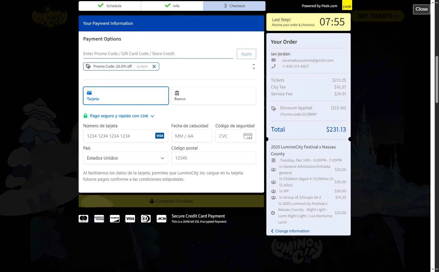 Lumino City Festival checkout page showing Lumino City Festival discount code box | Screenshot taken by SimplyCodes community member on Dec 3, 2025